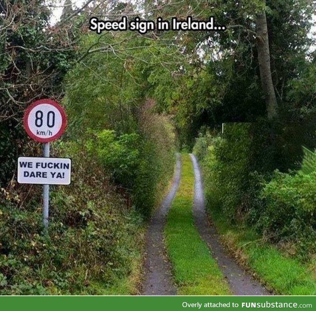Speed sign featuring Irish Slang in Ireland.