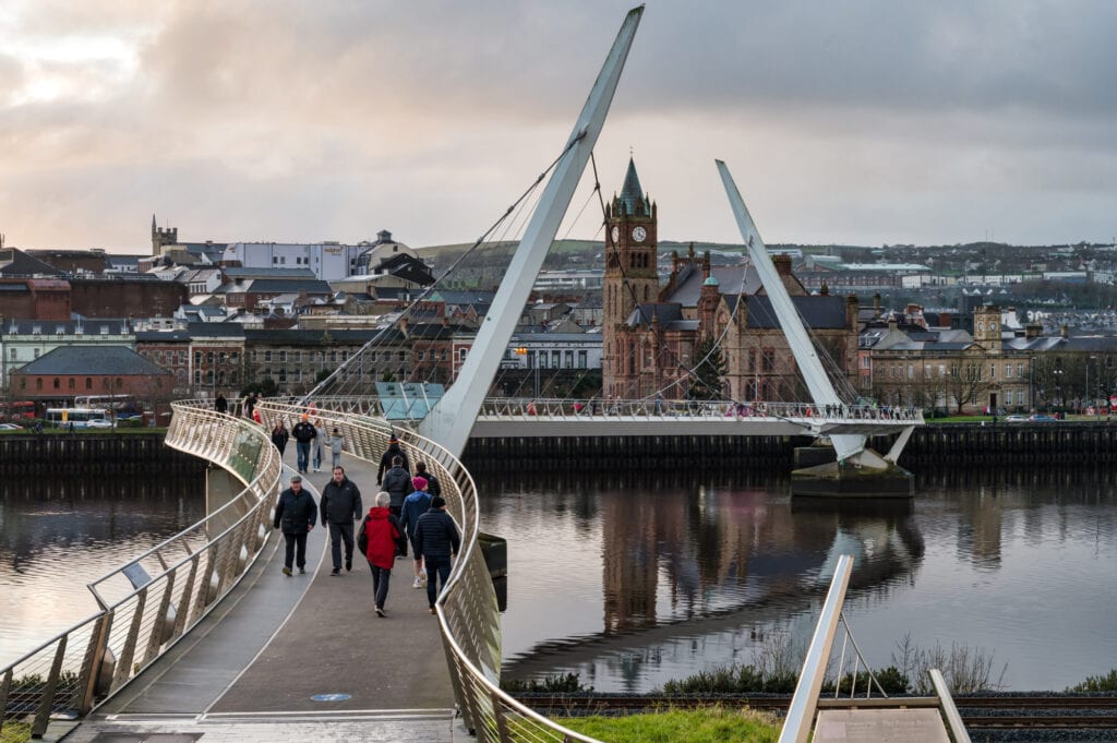 Derry, Northern Ireland- Jan 14, 2020: The Peace Bridge in Derry City Northern Ireland