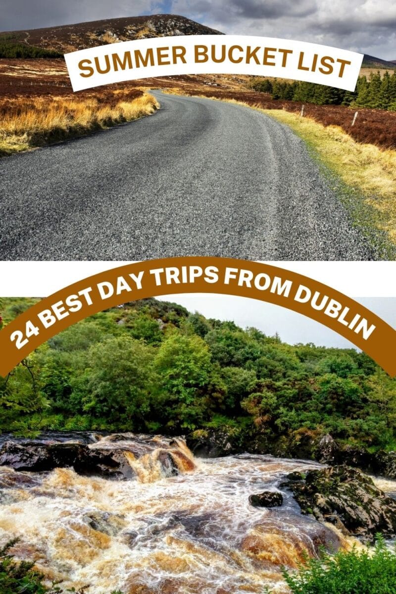Promotional image for the best day trips from Dublin, featuring a winding road and a scenic waterfall, with bold text overlays.