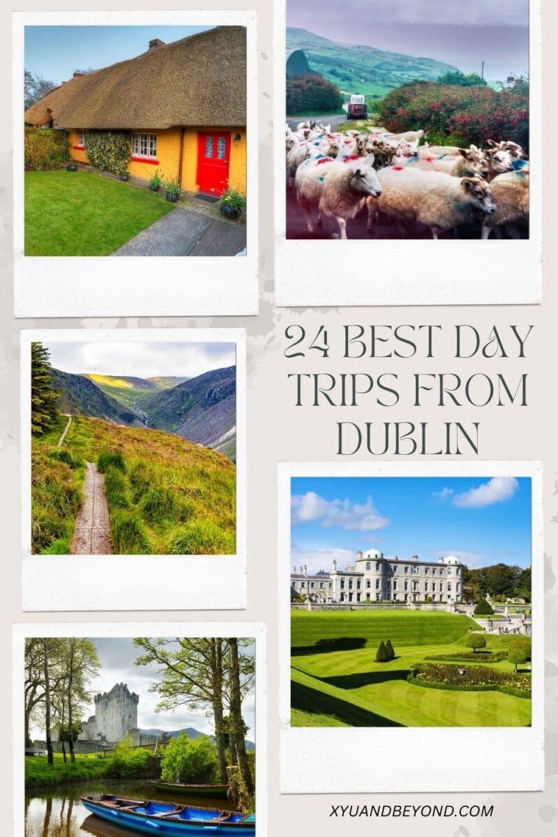 Collage of six images showcasing the "best day trips from Dublin," featuring scenic landscapes, a historic building, sheep, and a traditional thatched-roof cottage.