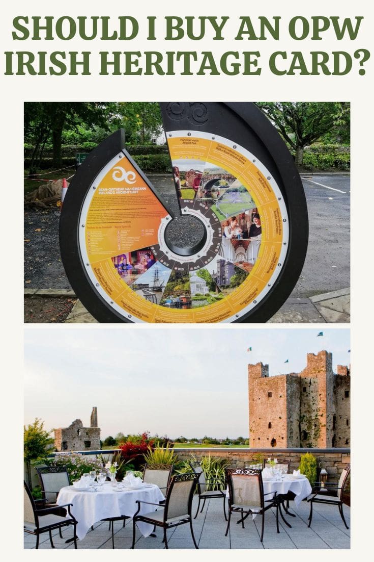 Promotional image questioning the purchase of an Irish Heritage Card, featuring a circular informational sign and scenic photos, including a castle and an outdoor dining setup.