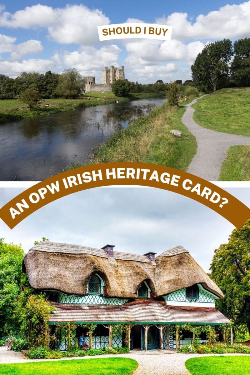 Split image with the top showing a castle by a river and pathway with the text 'should i buy', and the bottom displaying a thatched roof cottage with 'an Irish heritage card?' text.