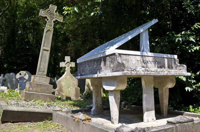 Gravestones and Sculptures in Highgate Cemetery in London.