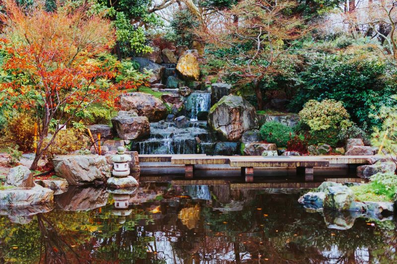 Kyoto garden, a japanese style garden with a waterfall in Holland Park, London