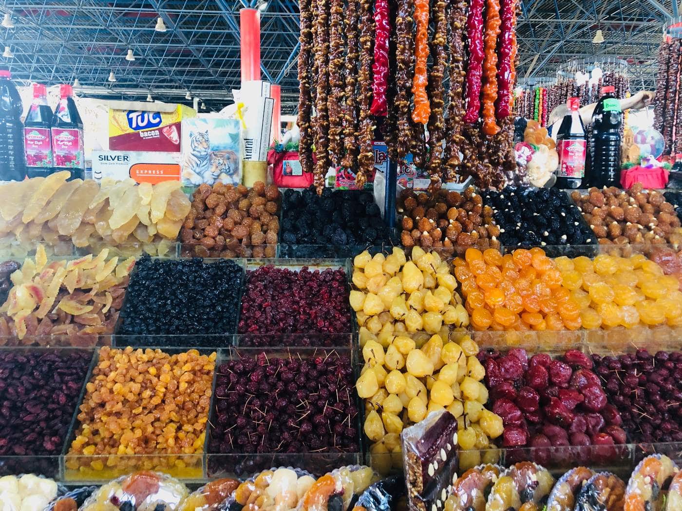 A display of dried fruits in Yerevan market.