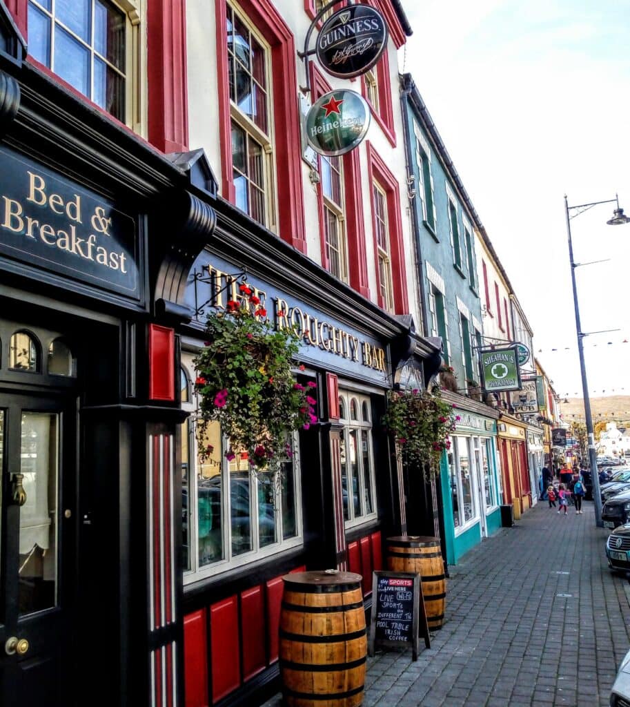 Bed and Breakfast and pubs on a Killarney street. Flower baskets hang from each shop or pubs full of  purple and pink petunias