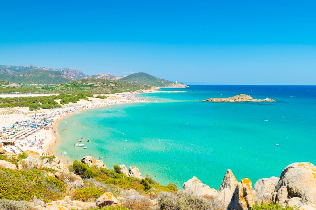 Panorama of the wonderful beaches of Chia, Sardinia, Italy.