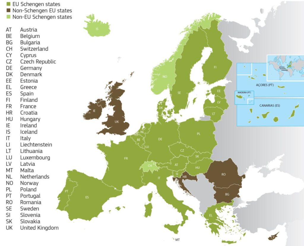 Map of the Schengen regions 