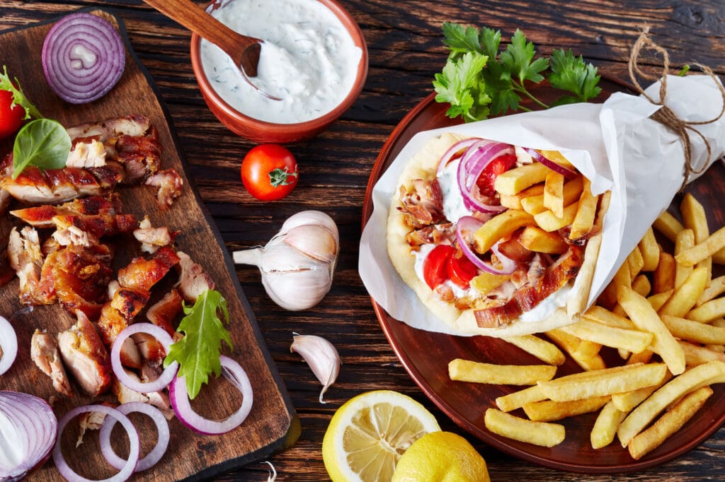 greek souvlaki, pita ma gyros, top view