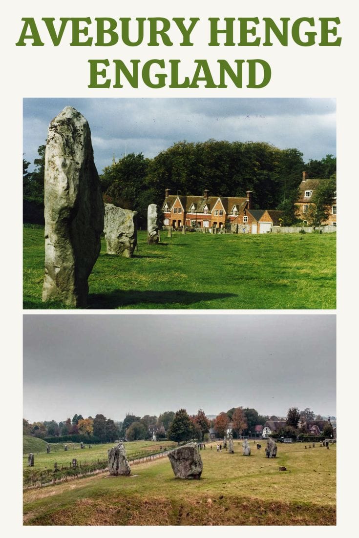 Two photographs of Avebury Henge in England, displaying large standing stones with a village and green landscape in the background.