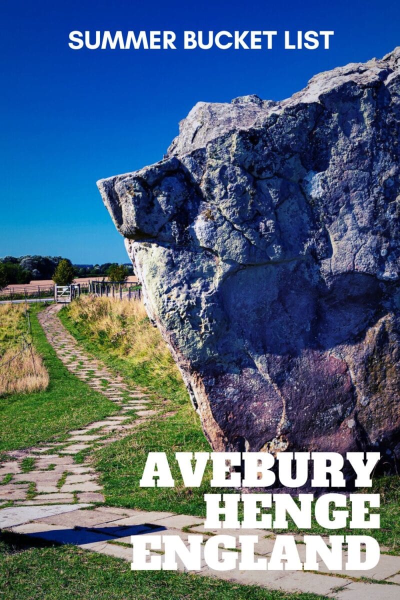 Promotional image of a large stone at Avebury Henge, England, with a clear blue sky and text overlay reading "summer bucket list.