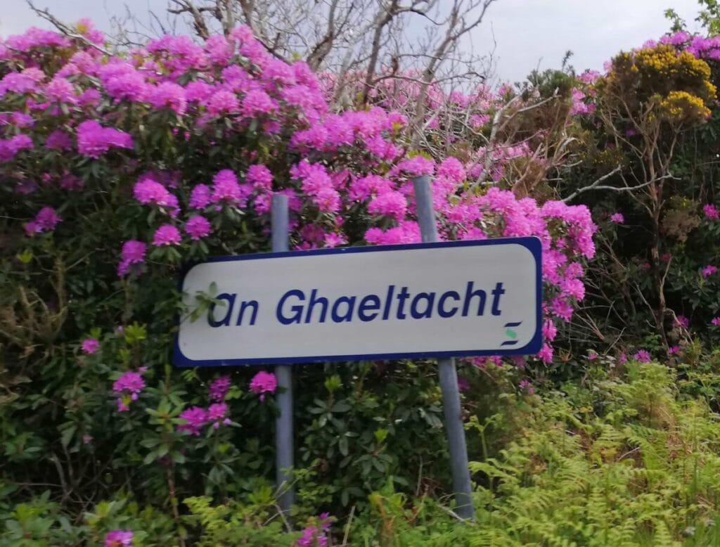 sign along the road indicating a Gaeltacht area in Donegal where Irish is spoken 