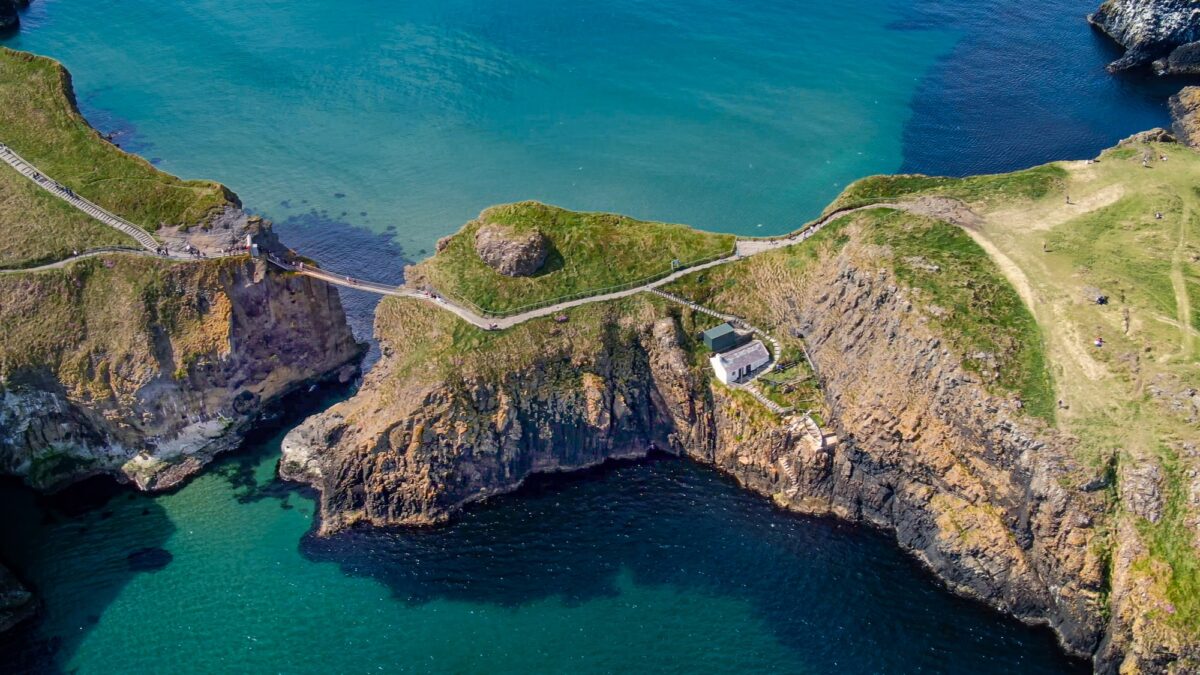 view from the sky of the Carrick-a-Rede rope bridge in N. Ireland