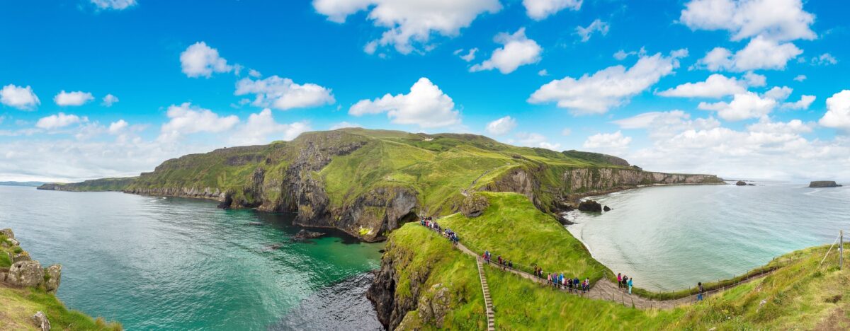 long shot of the Carrick-a-Rede rope bridge in N. Ireland