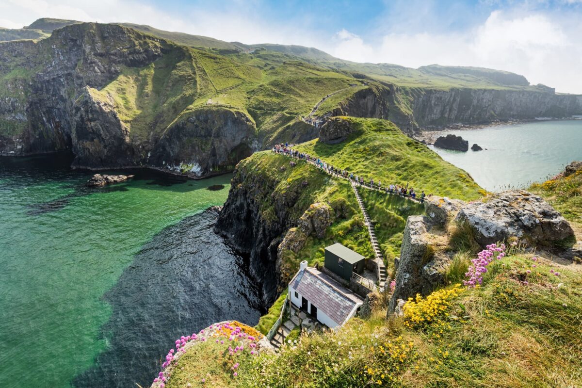 long shot of the Carrick-a-Rede rope bridge in N. Ireland