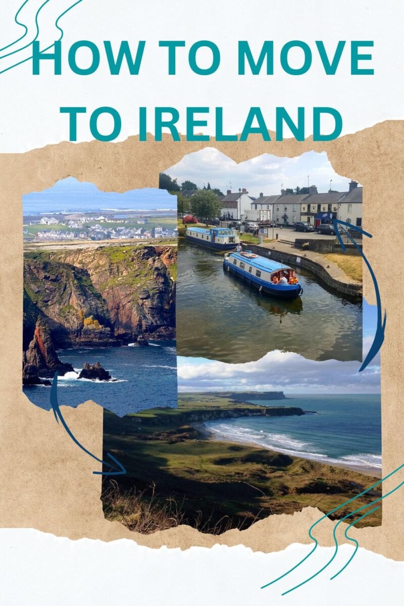 Graphic titled "moving to Ireland" featuring images of Irish landscapes and a boat, with decorative swirls and text overlay.