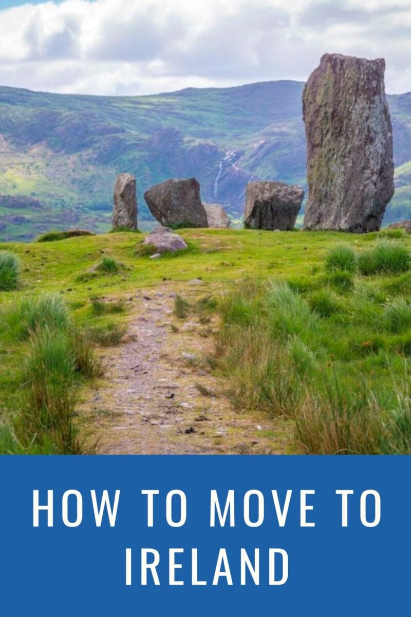 Guide titled 'moving to Ireland' with an image of a scenic path leading to large standing stones in a lush green Irish landscape.