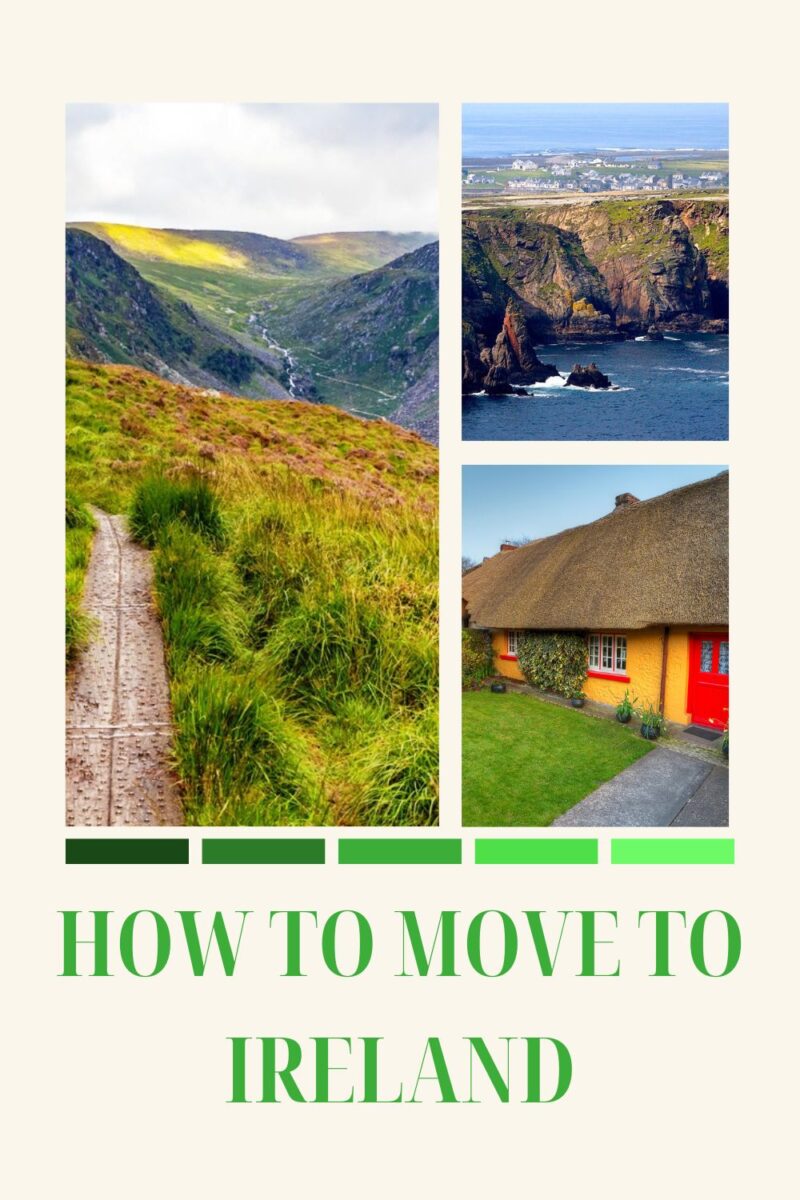 A collage featuring scenic views of Ireland, including lush green hills, a rugged coastline, and a traditional cottage, with the text "moving to Ireland".