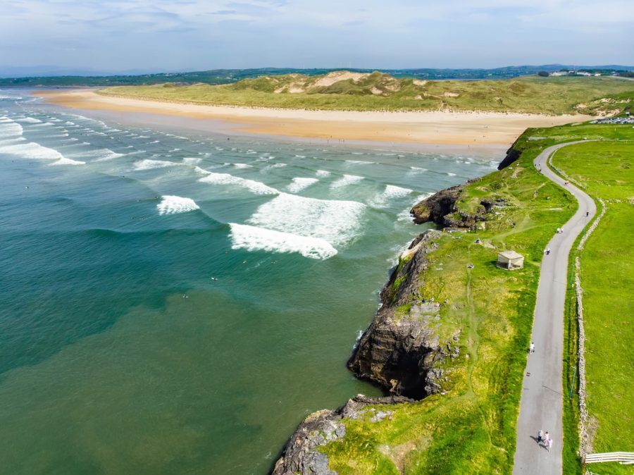 Spectacular Tullan Strand, one of Donegal's renowned surf beaches, framed by a scenic back drop provided by the Sligo-Leitrim Mountains. Wide flat sandy beach in County Donegal,