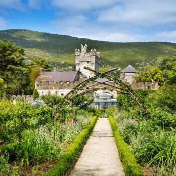 Glenveagh Castle, Donegal in Northern Ireland. Beautiful park and garden in Glenveagh National Park, second largest park of the country. Gleann Bheatha in Irish language.