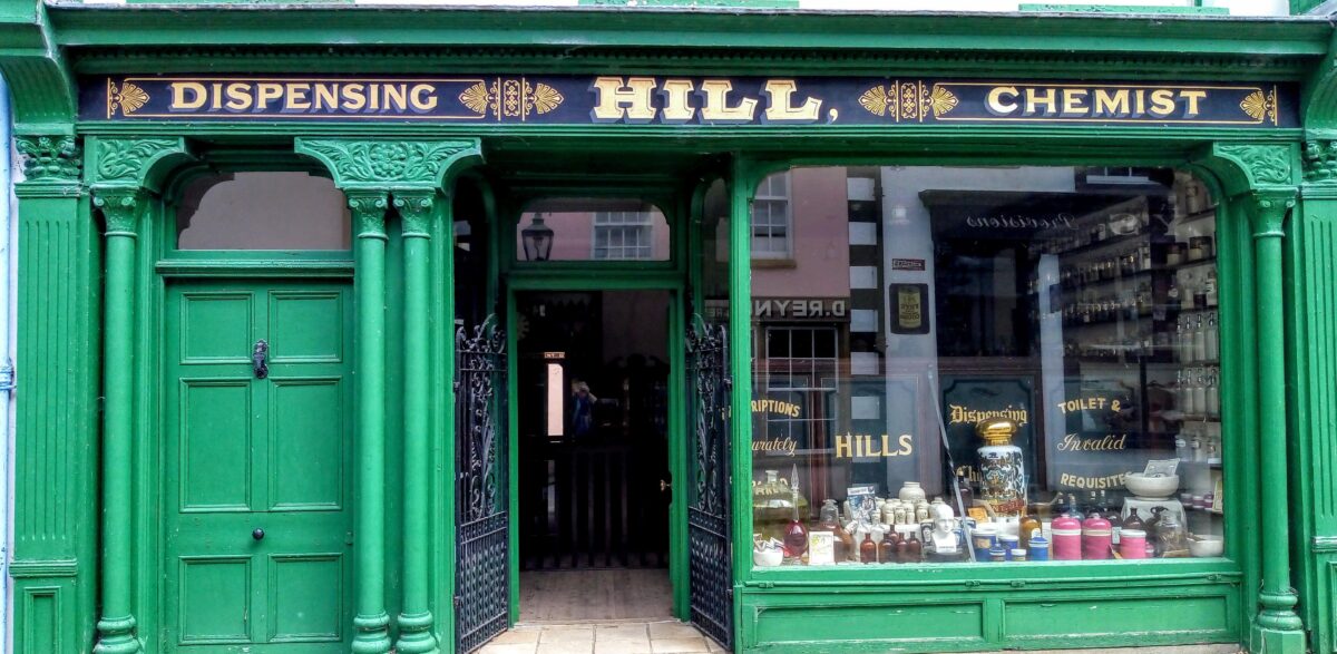 chemist shop frontage at the Ulster American Folk Park on Shop Street