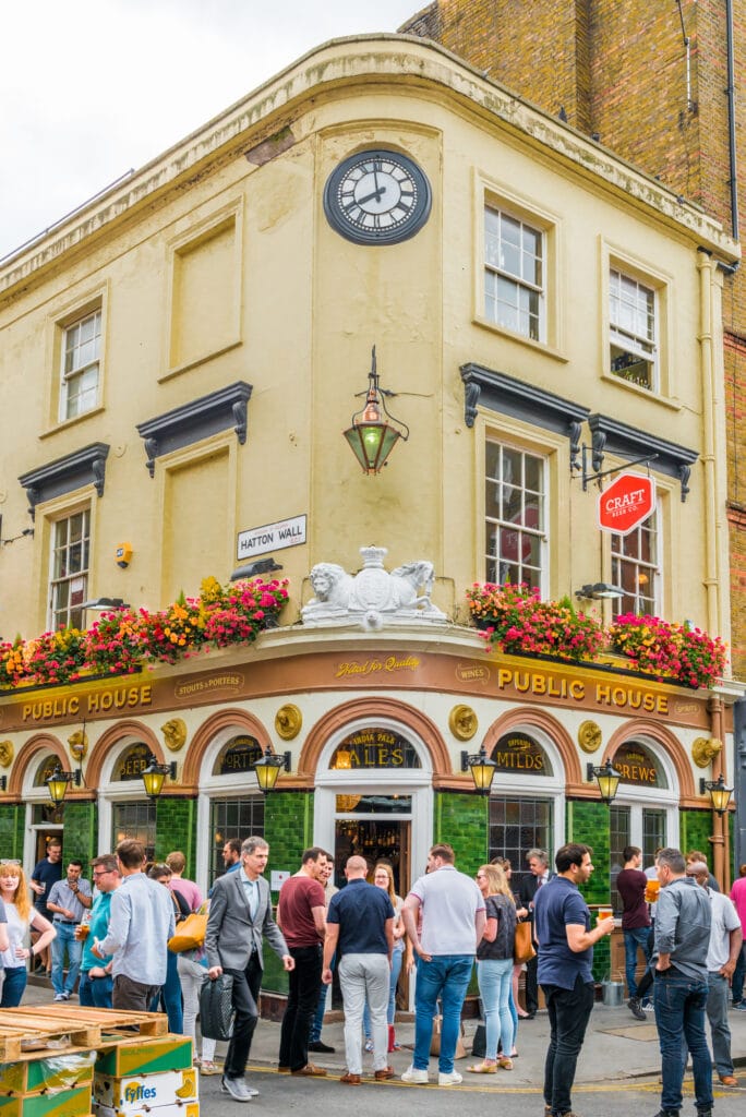 London, United Kingdom - July 22, 2016: Pub at Leather Lane Street Market - street in Holborn with great streetfood, fruit and vegetables and clothes stalls, very popular with office workers Monday to Friday