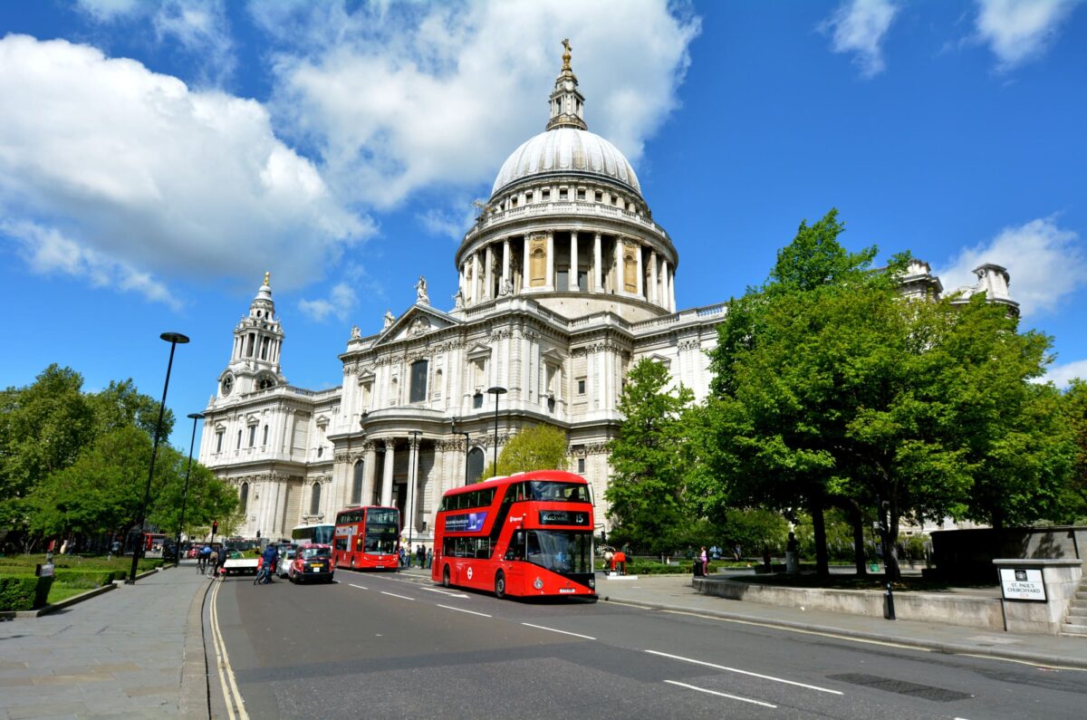 on the bus escaping London from St Pauls Cathedral London England, UK.The cathedral is one of the most famous and most recognisable sights of London.St Paul's also possesses Europe largest crypt.