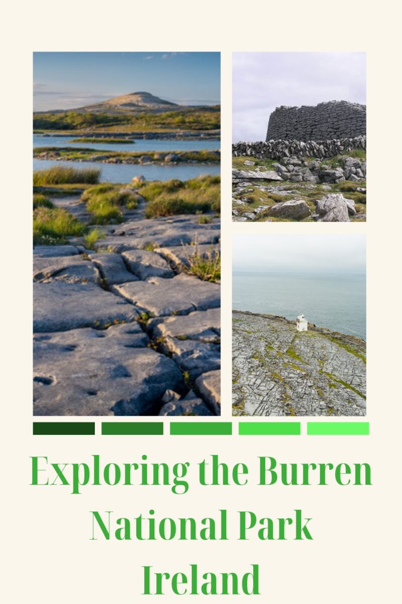 Collage of three scenic views of the Burren County Clare, Ireland, featuring rugged landscapes and a distant white building.