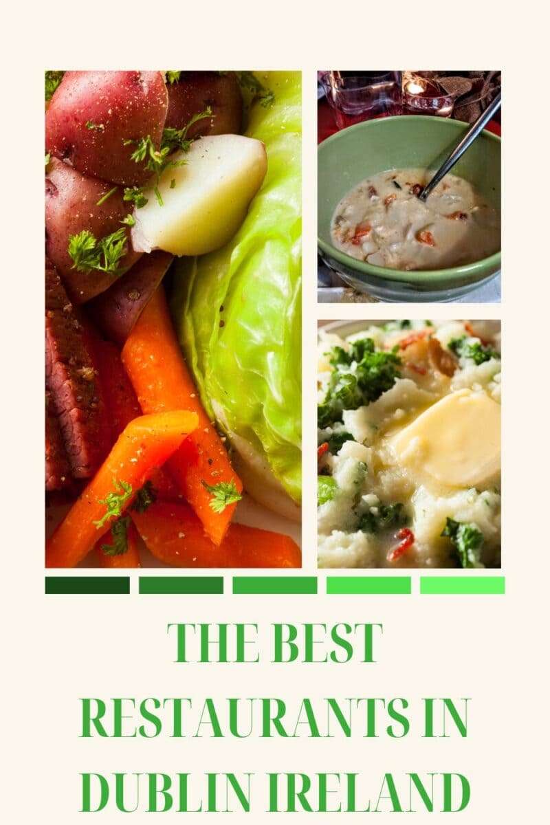 Promotional poster for "where to eat in Dublin, Ireland," featuring images of a meat and vegetable platter, a bowl of soup, and a creamy, vegetable-topped dish.