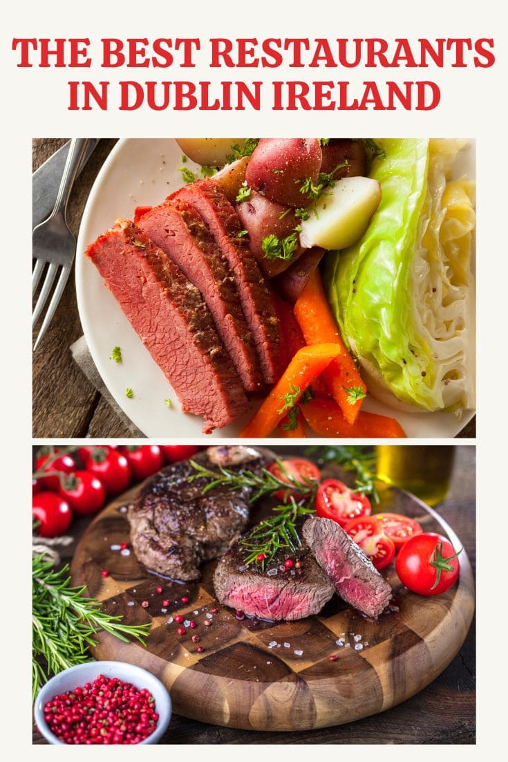 Promotional image for where to eat in Dublin featuring plates of corned beef with vegetables and steak with tomatoes and herbs.