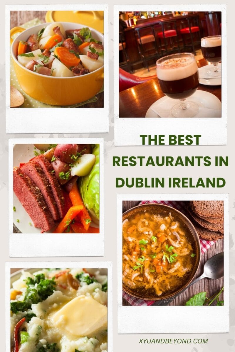 Collage of Irish dishes featuring stew, sliced meat with salad, creamy soup, and a pint of beer, titled "Where to Eat in Dublin."
