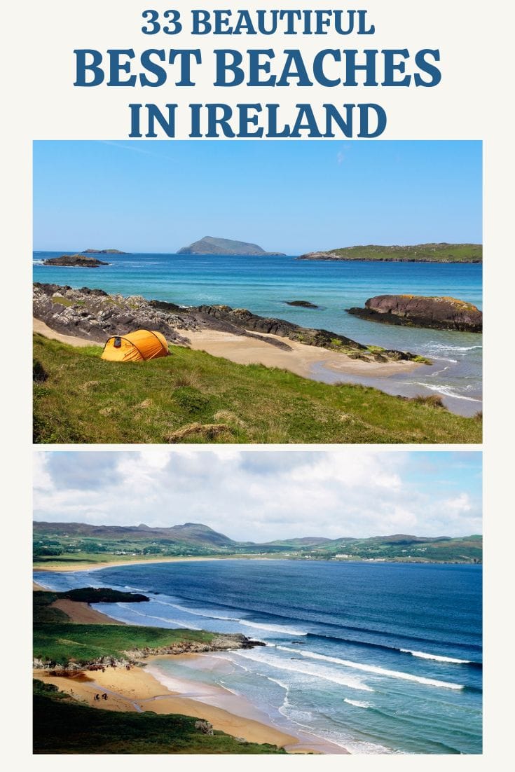 Promotional image for an article titled "33 best beaches in Ireland," featuring two scenic photos of coastal landscapes with clear blue waters.