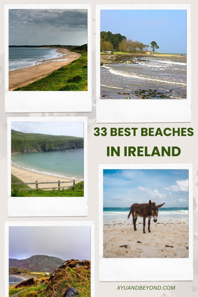Collage of Irish beach scenes including coastlines and a donkey on the sand, with text "33 best beaches in Ireland.