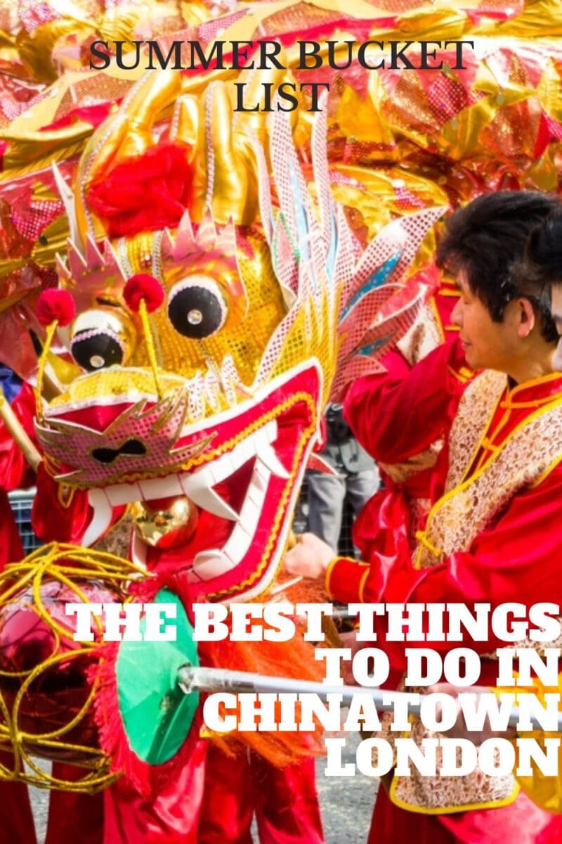 Vibrant dragon dance in a parade with performers in red costumes, overlaid with text promoting summer activities in Chinatown.