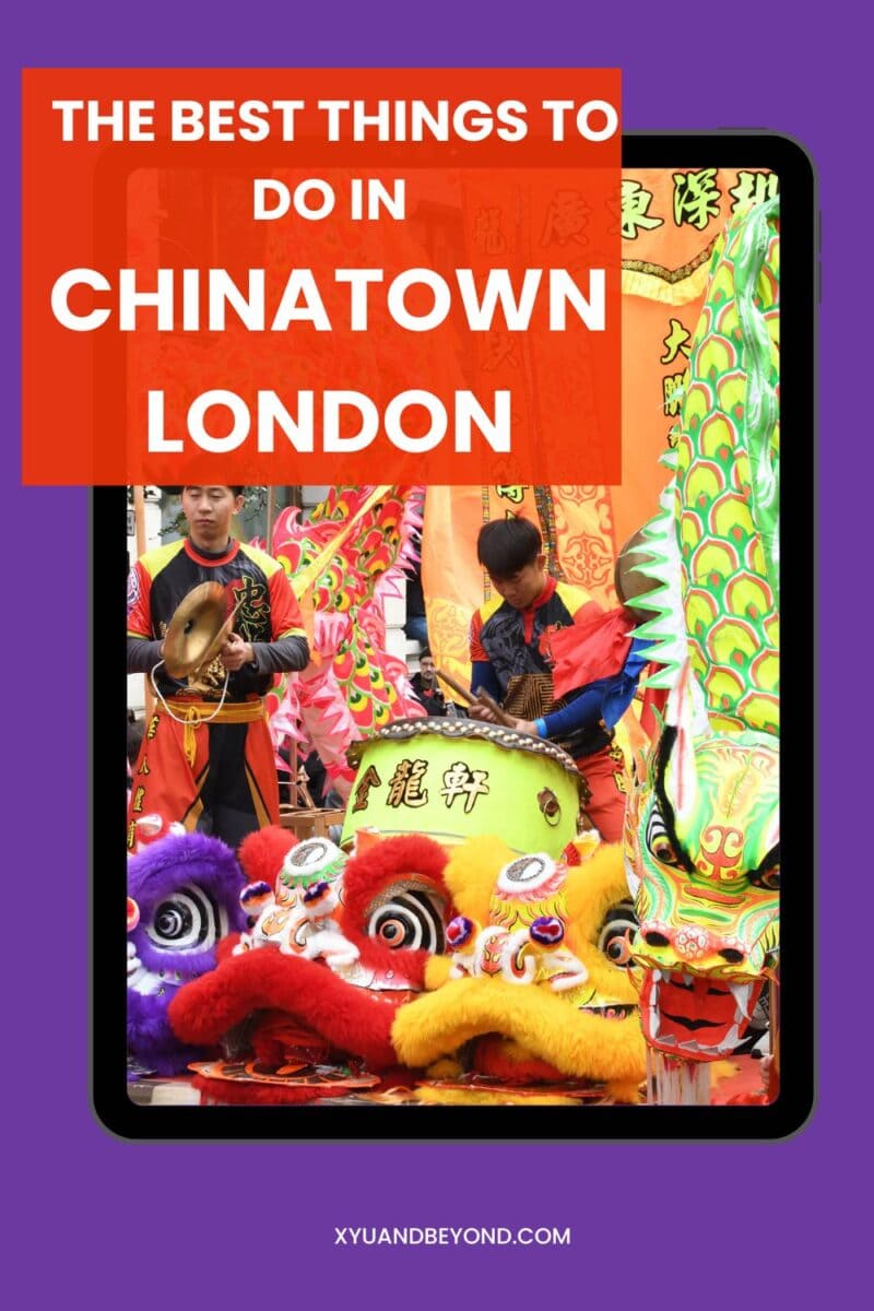 Promotional image featuring a vibrant scene in Chinatown, London, with people participating in a traditional lion dance. Text overlay promotes cultural activities in the area.