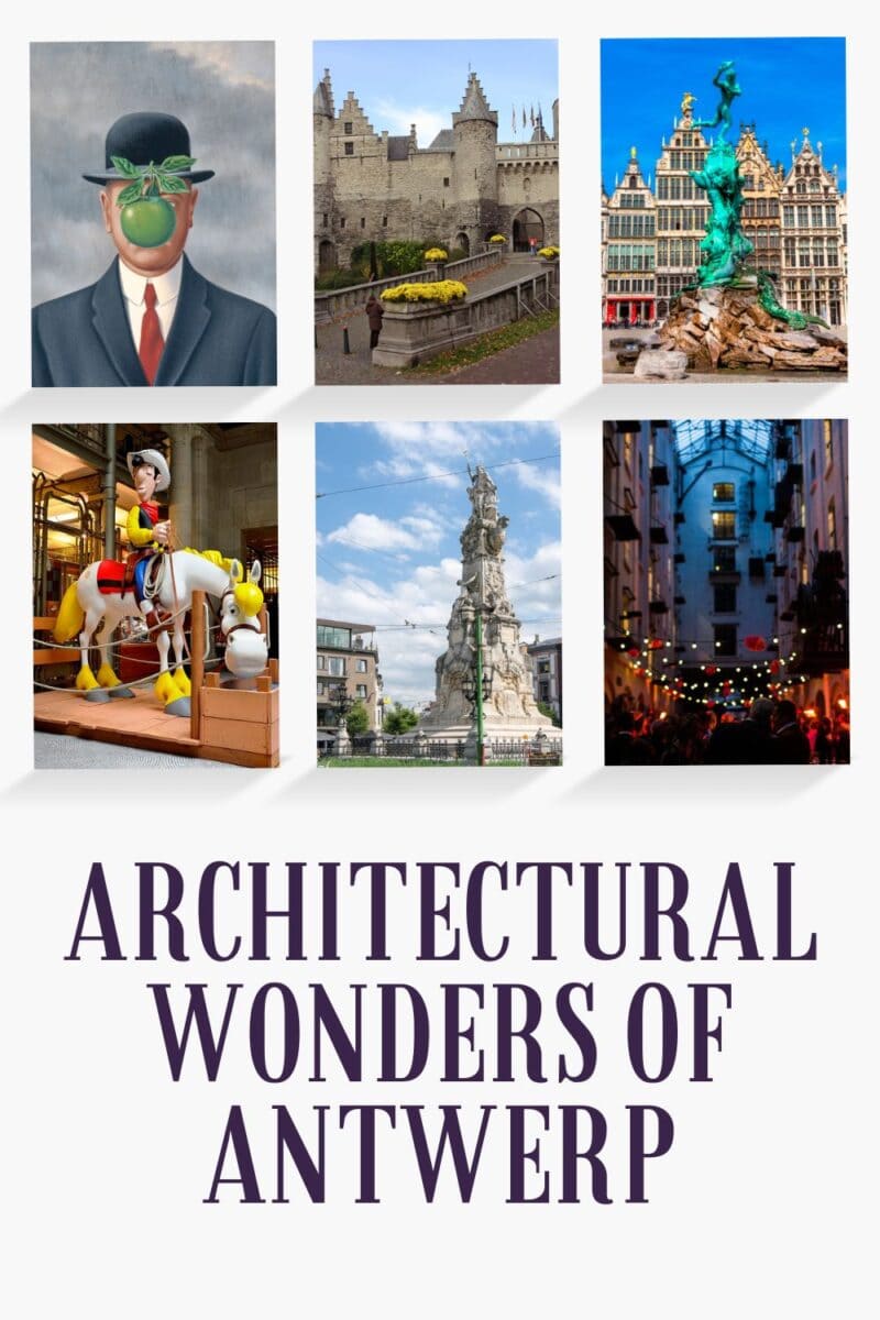 Architectural wonders of Antwerp: a collage showcasing a selection of notable buildings and statues.