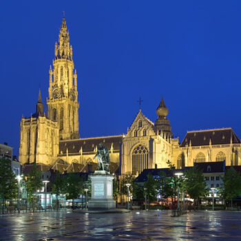 Cathedral of Our Lady and statue of Peter Paul Rubens in Antwerp at evening, Belgium
