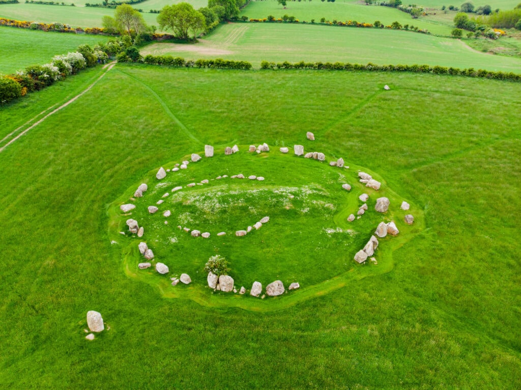Ballynoe stone circle, a prehistoric Bronze Age burial mound surrounded by a circular structure of standing stones dating from the Neolithic period, County Down, Nothern Ireland