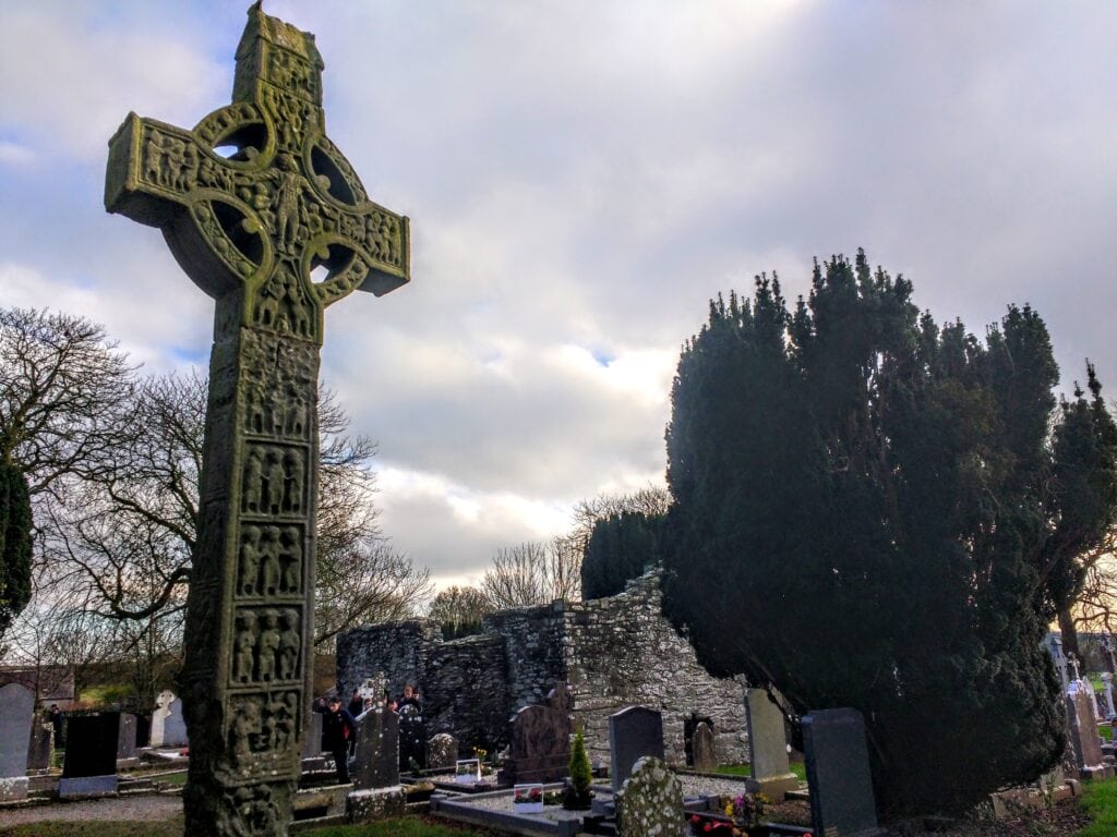 one of the many high crosses at the cemetery of Monasterboice Ireland