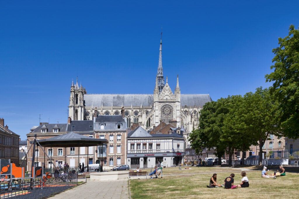 Amiens, France - May 30 2020: The Cathedral Basilica of Our Lady of Amiens (French: Basilique Cathédrale Notre-Dame d'Amiens), or simply Amiens Cathedral, is a Roman Catholic church.