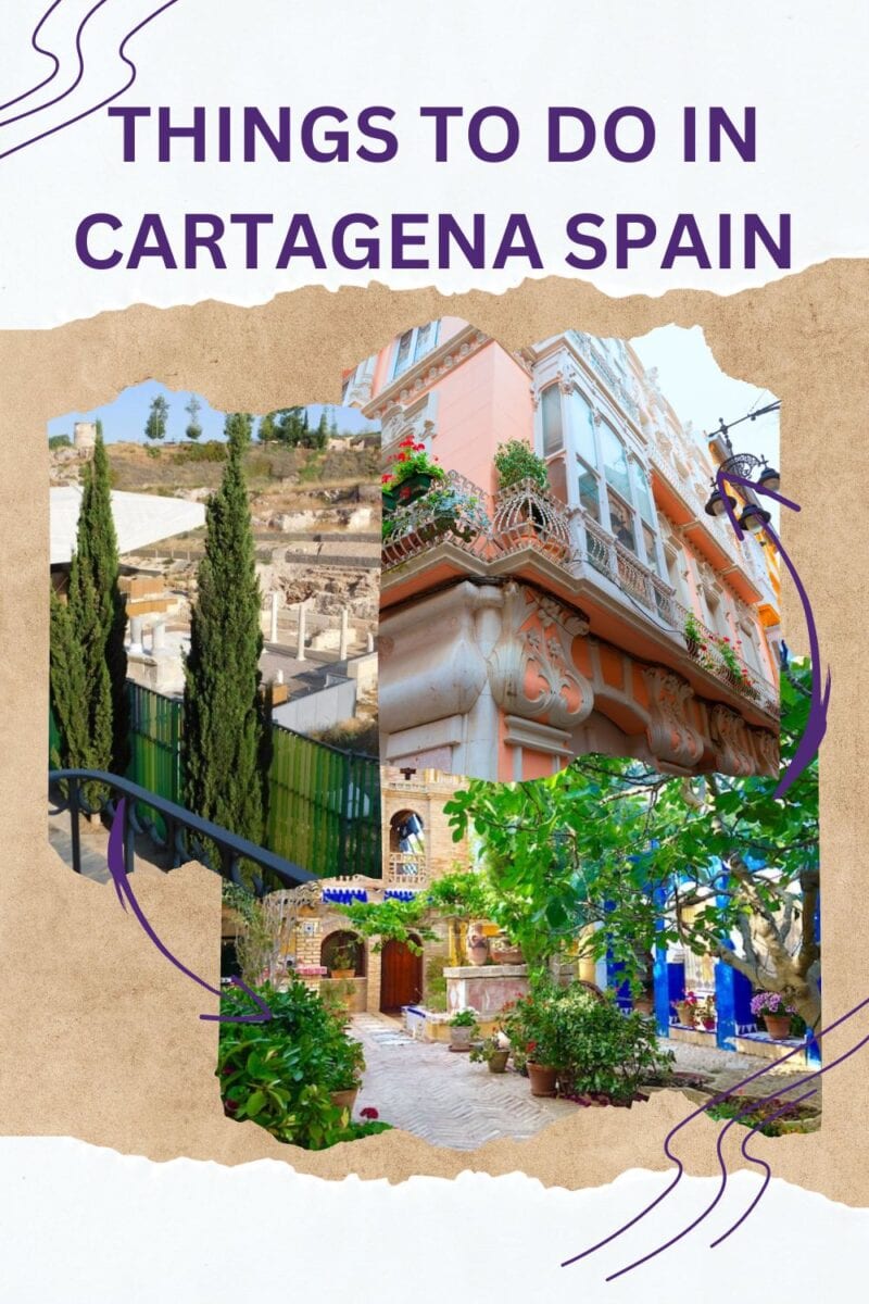 A travel poster highlighting attractions in Cartagena, Spain, featuring images of historic architecture and charming streets.