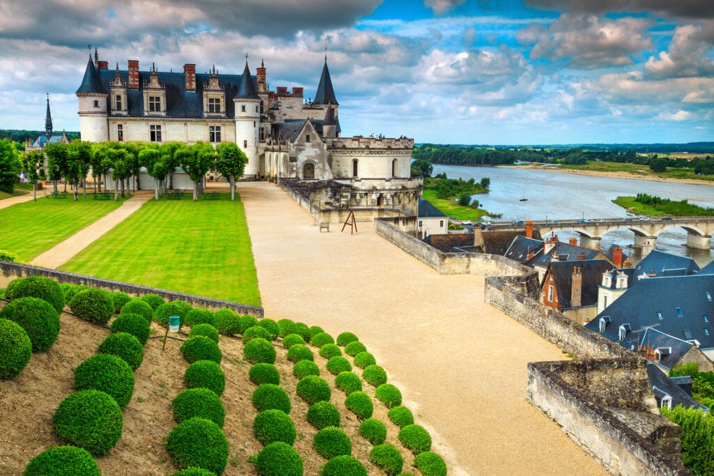 Amazing ornamental garden of Amboise castle with green bushes in the Loire valley, France, Europe Chateaus of the Loire Valley. French castles