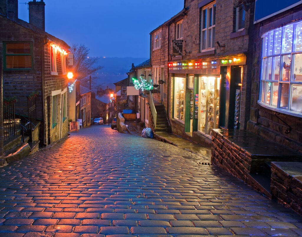 Looking down the Main Street in Haworth, Yorkshire, UK, at Christmas time