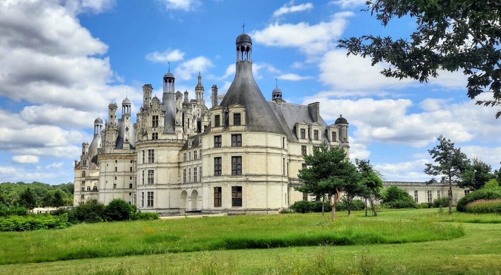 Chateau de Chambord from the side a view of the turrets and exterior decoration 