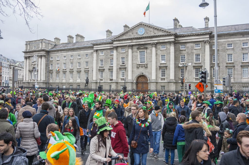 DUBLIN, IRELAND - MARCH 17: Saint Patrick's Day parade in Dublin, Ireland. On March 17, 2014. People dress up Saint Patrick's Day at Trinity College on Dame Street