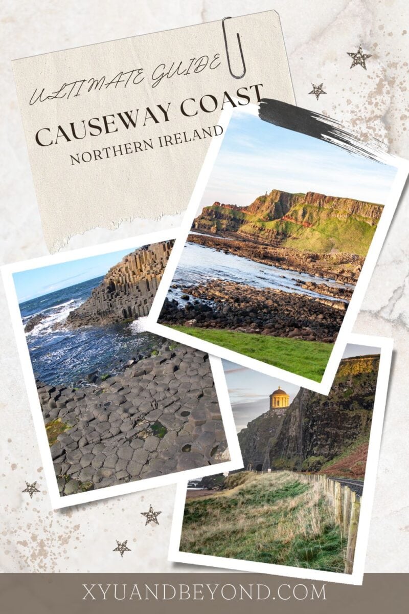 A travel guide collage featuring scenic views along the Causeway Coastal Route in Northern Ireland.