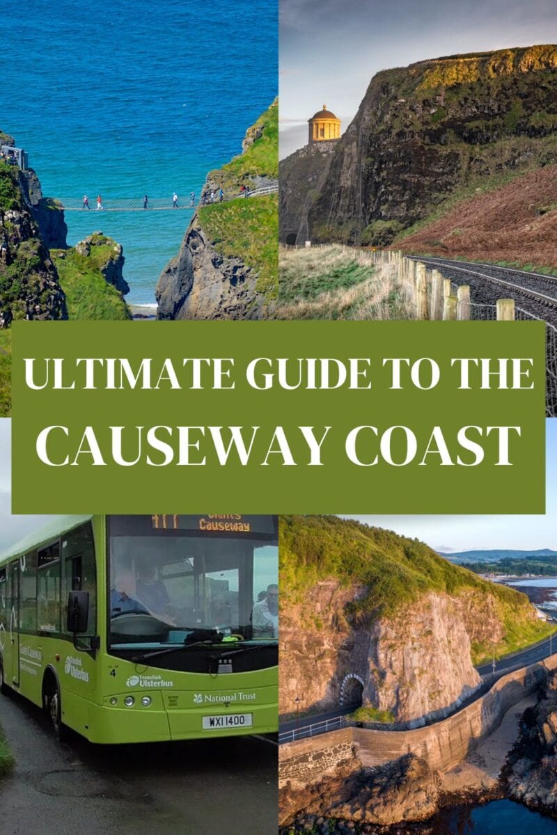 Travel brochure cover featuring scenic views of the Causeway Coastal Route, including a coastal path, train track, and a bus service.