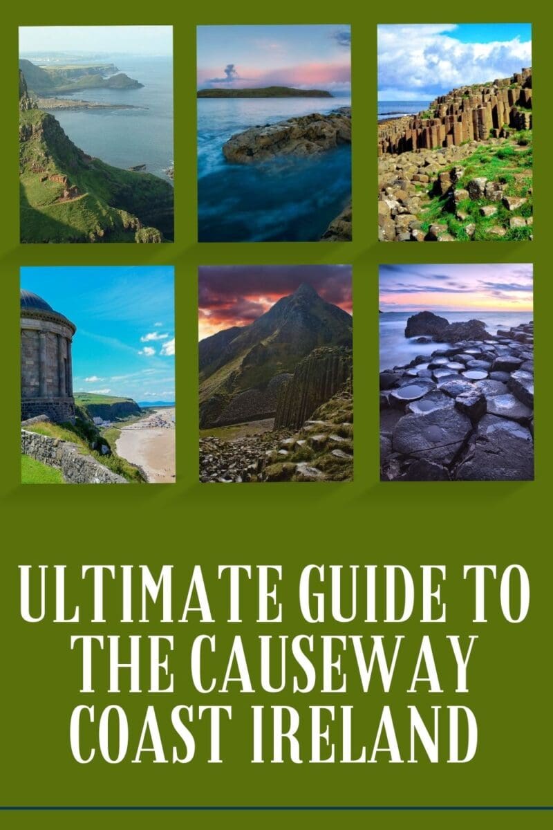 A travel guide cover featuring a collage of scenic views from the Causeway Coastal Route in Ireland.