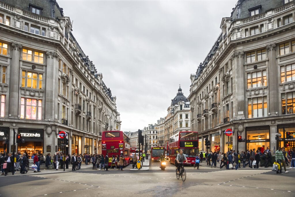 LONDON-SEP 20:View of Oxford Street on September 20, 2011 in London. Oxford Street is a major road in the West End of London, UK. It is Europe's busiest shopping street, and as of 2011 had approximately 300 shops