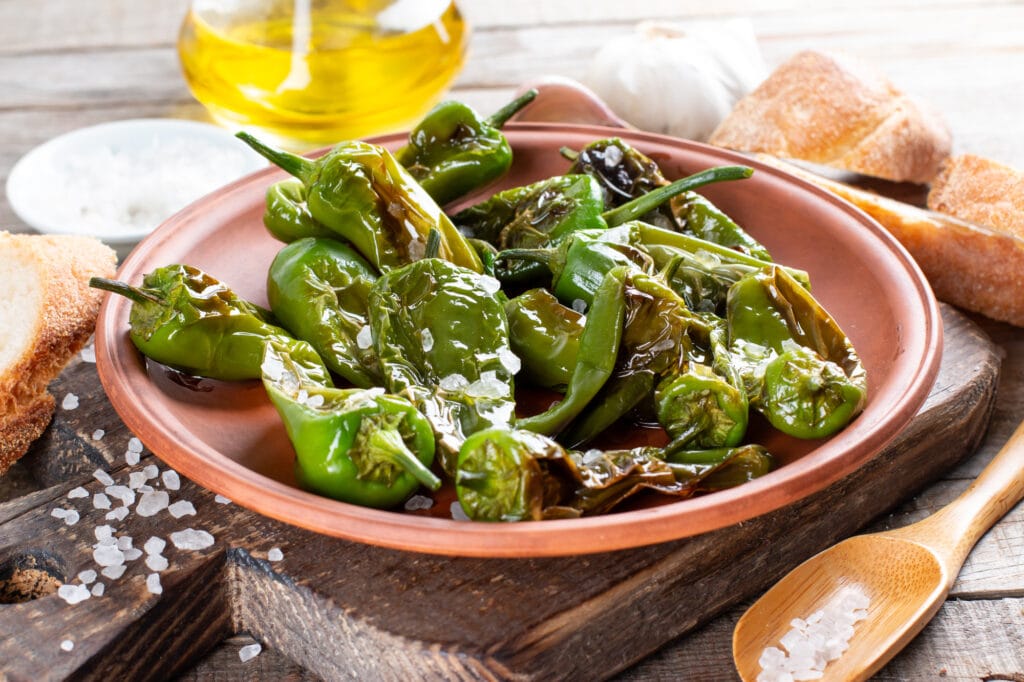 Grilled padron peppers with salt and and olive oil on plate. Pimientos de Padron.